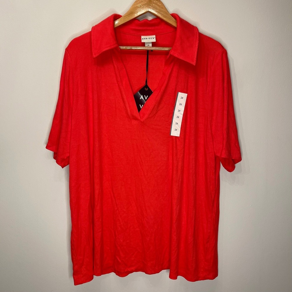 AVA &‎ VIV Women's 2X Coral Ribbed Knit Short Sleeve Collared Top Shirt Casual - Picture 2 of 8